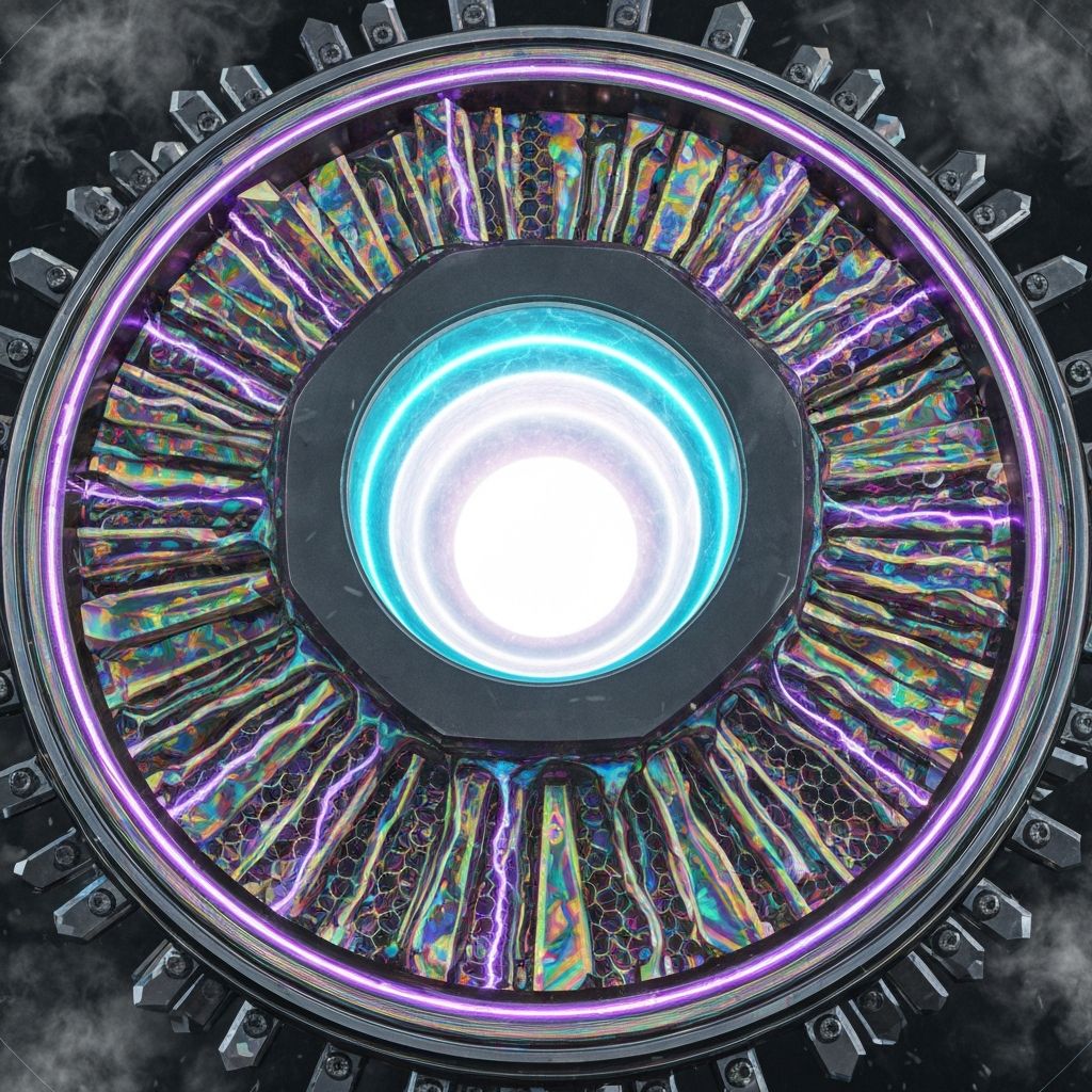 Extreme close-up of hexagonal fusion engine nozzle with plasma core